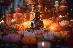 A buddha sits in a garden with a lotus and candles. Background for vesak festival celebration. Vesak day concept. Vesak celebration day greetings by photo