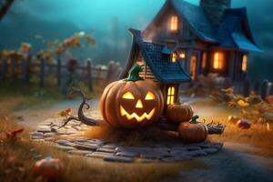 Scary pumpkin and house in night of full moon on halloween celebration concept. Spooky halloween background with pumpkin. Dirty house and pumpkin on halloween celebration concept by photo