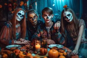 Teenagers friends in costumes celebrating and having fun at halloween party. Young people at costumes party halloween celebration concept by photo