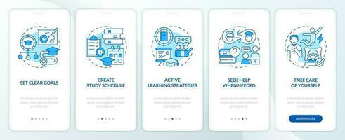 Improve academic achievement blue onboarding mobile app screen. Walkthrough 5 steps editable graphic instructions with linear concepts. UI, UX, GUI template vector