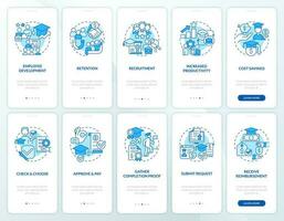 Tuition assistance blue onboarding mobile app screen set. Walkthrough 5 steps editable graphic instructions with linear concepts. UI, UX, GUI template vector