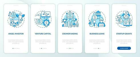 Tech startup financing options blue onboarding mobile app screen. IT walkthrough 5 steps editable graphic instructions with linear concepts. UI, UX, GUI template vector