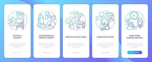 Home health care services blue gradient onboarding mobile app screen. Walkthrough 5 steps graphic instructions with linear concepts. UI, UX, GUI template vector