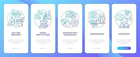 personal cuidado, asistencia servicios azul degradado inducción móvil aplicación pantalla. recorrido 5 5 pasos gráfico instrucciones con lineal conceptos. ui, ux, gui modelo vector