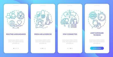 Remote workplace wellbeing tips blue gradient onboarding mobile app screen. Walkthrough 4 steps graphic instructions with linear concepts. UI, UX, GUI template vector