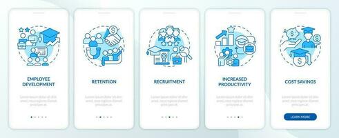 Education assistance benefits blue onboarding mobile app screen. Walkthrough 5 steps editable graphic instructions with linear concepts. UI, UX, GUI template vector