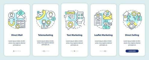 Types of direct marketing onboarding mobile app screen. Walkthrough 5 steps editable graphic instructions with linear concepts. UI, UX, GUI template vector