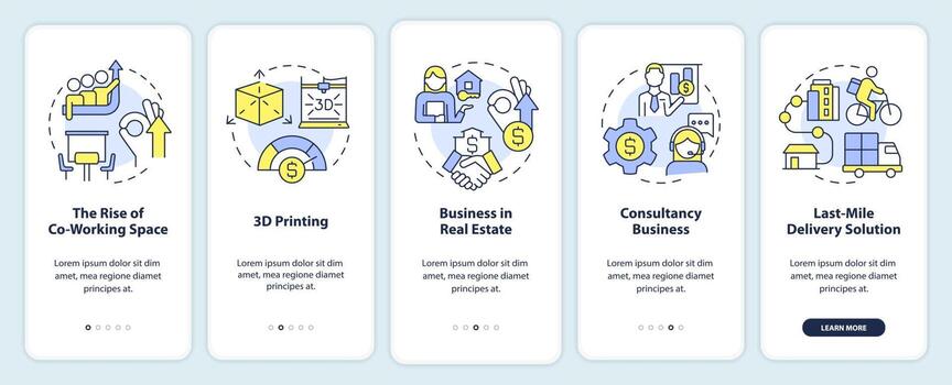 Future business trends onboarding mobile app screen. Walkthrough 5 steps editable graphic instructions with linear concepts. UI, UX, GUI template vector