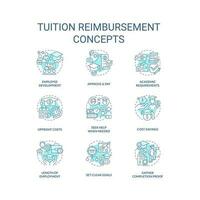 Tuition reimbursement turquoise concept icons set. Employee benefit. Financial aid. Student loan. Education assistance idea thin line color illustrations. Isolated symbols. Editable stroke vector