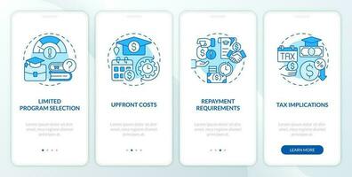 Tuition assistance cons blue onboarding mobile app screen. Walkthrough 4 steps editable graphic instructions with linear concepts. UI, UX, GUI template vector