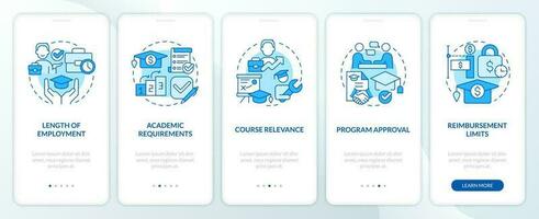 Tuition assistance requirements blue onboarding mobile app screen. Walkthrough 5 steps editable graphic instructions with linear concepts. UI, UX, GUI template vector