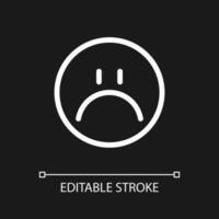 Sad face pixel perfect white linear ui icon for dark theme. Feelings expression. Feedback. Vector line pictogram. Isolated user interface symbol for night mode. Editable stroke