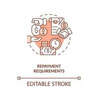 Repayment requirements red concept icon. Tuition assistance. Pay back. Income tax. Tuition reimbursement. Student aid abstract idea thin line illustration. Isolated outline drawing. Editable stroke vector