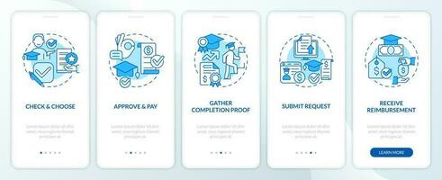 Apply for tuition assistance blue onboarding mobile app screen. Walkthrough 5 steps editable graphic instructions with linear concepts. UI, UX, GUI template vector