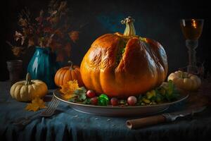 Thanksgiving day meal with pie, pumpkin, oranges, or roasted chicken in oven form. Flat lay assortment with delicious thanksgiving food. Happy thanksgiving day concept by photo