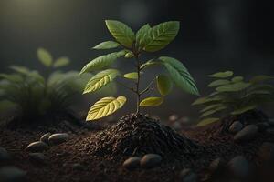 planta creciente en granja suelo o bosque con luz de sol a tiempo de día. joven planta es creciente. mundo tierra día. mundo ambiente día. tierra conservación, ecología o global calentamiento por ai generado foto