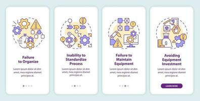 SMED pitfalls to avoid onboarding mobile app screen. Lean business walkthrough 4 steps editable graphic instructions with linear concepts. UI, UX, GUI template vector