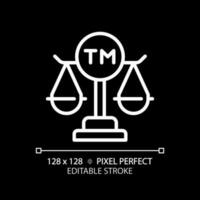 Intellectual property law pixel perfect white linear icon for dark theme. Protect author rights. Trade mark legal registration. Thin line illustration. Isolated symbol for night mode. Editable stroke vector