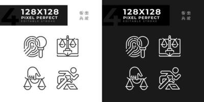 Crime evidences performing in court pixel perfect linear icons set for dark, light mode. Investigation of accident. Thin line symbols for night, day theme. Isolated illustrations. Editable stroke vector