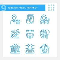 Law system and order control pixel perfect gradient linear vector icons set. Jurisdiction for citizens. Court system. Thin line contour symbol designs bundle. Isolated outline illustrations collection