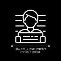 Suspected pixel perfect white linear icon for dark theme. Arrest of criminal person. Case investigation with legal laws. Thin line illustration. Isolated symbol for night mode. Editable stroke vector