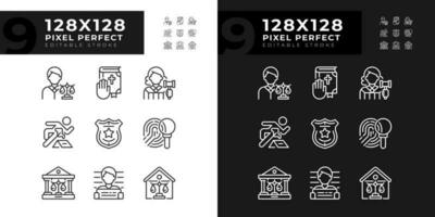 Law system and order control pixel perfect linear icons set for dark, light mode. Jurisdiction for citizens. Court. Thin line symbols for night, day theme. Isolated illustrations. Editable stroke vector