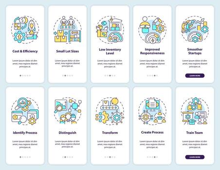 Single minute exchange of dies onboarding mobile app screen set. SMED walkthrough 5 steps editable graphic instructions with linear concepts. UI, UX, GUI template vector