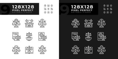 Law regulation in various industries pixel perfect linear icons set for dark, light mode. Legal institutions. Thin line symbols for night, day theme. Isolated illustrations. Editable stroke vector