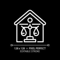 Property law pixel perfect white linear icon for dark theme. Real estate legal owning. Housing regulation by legislative. Thin line illustration. Isolated symbol for night mode. Editable stroke vector