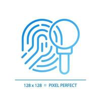 Crime investigation pixel perfect gradient linear vector icon. Studying fingerprint with magnifying glass. Evidence. Thin line color symbol. Modern style pictogram. Vector isolated outline drawing