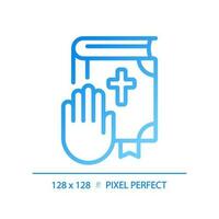 Oath on Bible in law court pixel perfect gradient linear vector icon. Religious ritual in judgement. Promise of witness. Thin line color symbol. Modern style pictogram. Vector isolated outline drawing