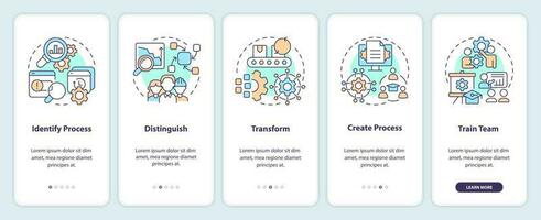 How can you use SMED onboarding mobile app screen. Process improvement walkthrough 5 steps editable graphic instructions with linear concepts. UI, UX, GUI template vector