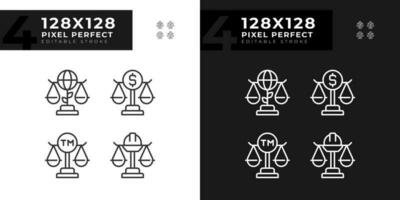 Law regulation in business and industry pixel perfect linear icons set for dark, light mode. Legal protection in court. Thin line symbols for night, day theme. Isolated illustrations. Editable stroke vector