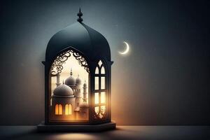 A windows depicts an islamic mosque at night with moon and lentern. In style of islamic city. Arched doorways. Eid al fitr background of window. Ramadan islamic lantern on a table by photo