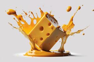 A delicious melting cheese splash in a realistic style. Hot cheese or cheddar splash. Tasty cheese liquid splash. Cheese sauce crown splash. For italian food, world cheese day, dessert by photo