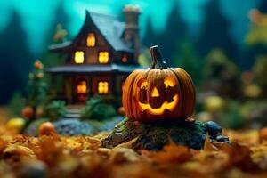 Scary pumpkin and house in night of full moon on halloween celebration concept. Spooky halloween background with pumpkin. Dirty house and pumpkin on halloween celebration concept by photo