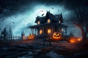 Haunted house on halloween celebration concept. Spooky house halloween background with deserted building and pumpkin. Scary house with creepy building at night by photo