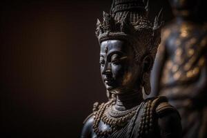 A thai buddha statue sits and meditating at buddhist temple. Ancient thailand buddha face. Background for vesak festival celebration. Vesak day concept. Vesak celebration day greetings by photo