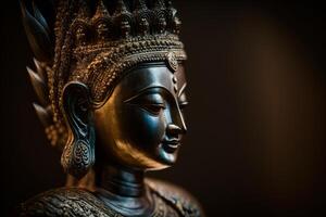 A thai buddha statue sits and meditating at buddhist temple. Ancient thailand buddha face. Background for vesak festival celebration. Vesak day concept. Vesak celebration day greetings by photo