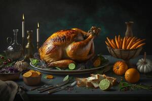 Thanksgiving day meal with pie, pumpkin, oranges, or roasted chicken in oven form. Flat lay assortment with delicious thanksgiving food. Happy thanksgiving day concept by photo