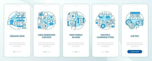 Social media advertising tips blue onboarding mobile app screen. SMM walkthrough 5 steps editable graphic instructions with linear concepts. UI, UX, GUI template vector