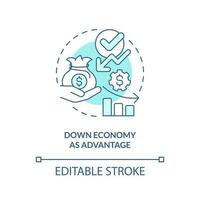 Down economy as advantage turquoise concept icon. IT fundraising tip abstract idea thin line illustration. Isolated outline drawing. Editable stroke vector