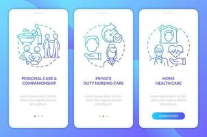 Home health care types blue gradient onboarding mobile app screen. Walkthrough 3 steps graphic instructions with linear concepts. UI, UX, GUI template vector