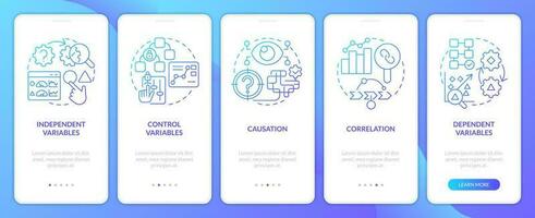 Causal research variables blue gradient onboarding mobile app screen. Walkthrough 5 steps graphic instructions with linear concepts. UI, UX, GUI template vector