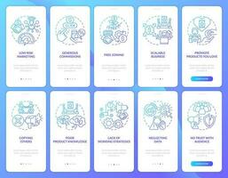 Affiliate marketer business blue gradient onboarding mobile app screens set. Walkthrough 5 steps graphic instructions with linear concepts. UI, UX, GUI template vector