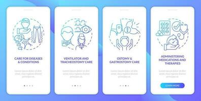 Private duty nursing care blue gradient onboarding mobile app screen. Walkthrough 4 steps graphic instructions with linear concepts. UI, UX, GUI template vector