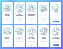 Home healthcare services blue gradient onboarding mobile app screen set. Walkthrough 5 steps graphic instructions with linear concepts. UI, UX, GUI template vector