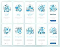 IT startup industries funds blue onboarding mobile app screens set. Walkthrough 5 steps editable graphic instructions with linear concepts. UI, UX, GUI template vector