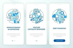 Fundraising tips blue onboarding mobile app screen. IT financing walkthrough 3 steps editable graphic instructions with linear concepts. UI, UX, GUI template vector