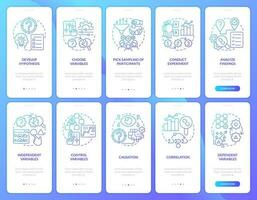 Causal research blue gradient onboarding mobile app screens set. Business. Walkthrough 5 steps graphic instructions with linear concepts. UI, UX, GUI template vector